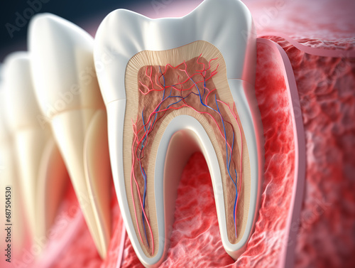 Teeth in gums with tooth anatomy detailed view. Generative AI.