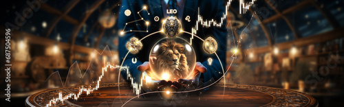 Business Horoscope for Leo. Astrology from a businessman + crystal ball for fire element zodiac sign. Modern Magic Witchcraft Cover. Forecast and divination for company. Startup strategy planning photo