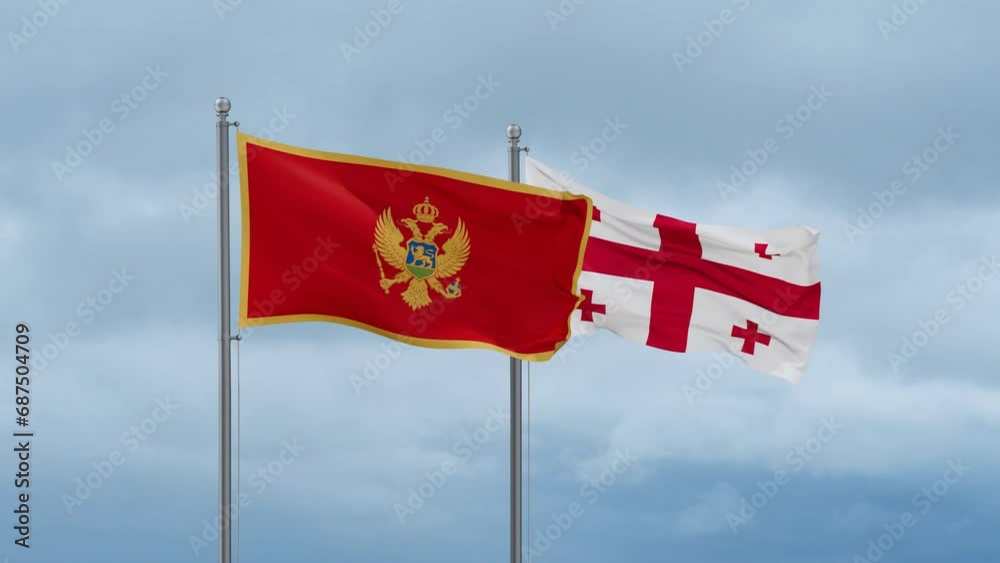 Georgia flag and Montenegro flag waving together on cloudy sky, endless seamless loop, two country relations concept Georgia flag and Montenegro flag waving together on cloudy sky, endless seamless loop, two country relations concept