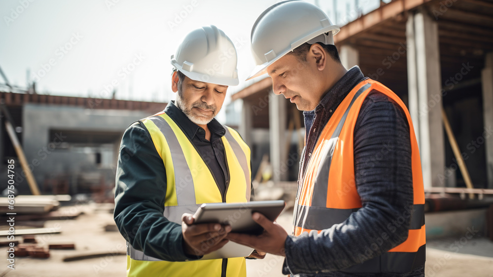 Structural engineer and foreman worker with digital tablet discuss, plan working for building construction site.
 - obrazy, fototapety, plakaty 