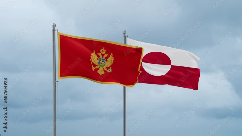 Greenland flag and Montenegro flag waving together on cloudy sky, endless seamless loop, two country relations concept