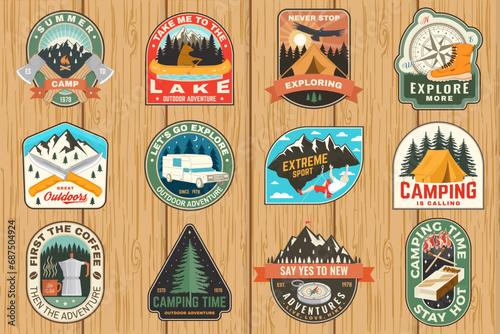 Set of camping patch, sticker. Outdoor adventure vector badge design. Vintage typography design with knives, bear in canoe, matches stick, burning lighter, hiker, climber, axe, hiking boots and