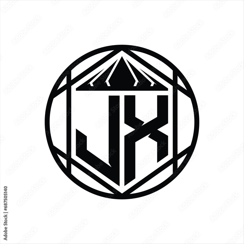 JX Letter Logo monogram hexagon slice crown sharp shield shape isolated circle abstract style design JX Letter Logo monogram hexagon slice crown sharp shield shape isolated circle abstract style design