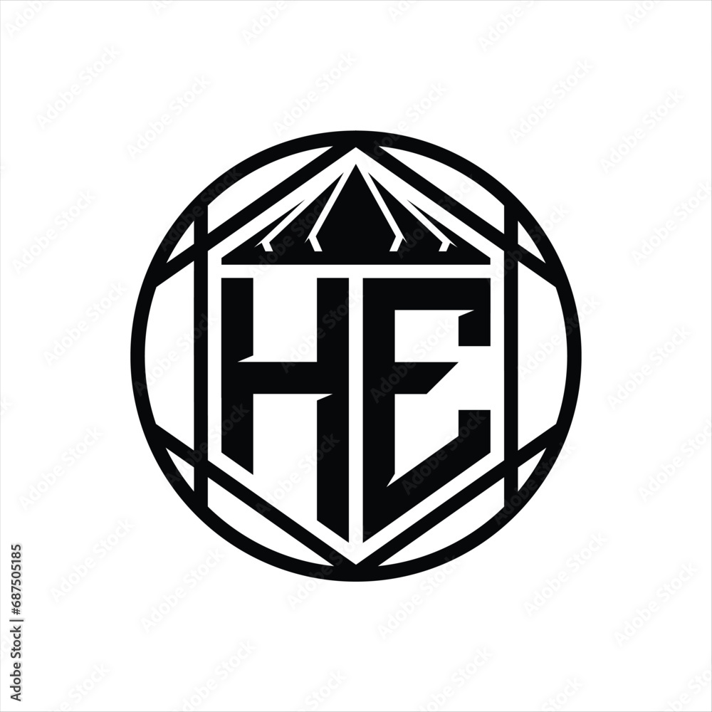 HE Letter Logo monogram hexagon slice crown sharp shield shape isolated circle abstract style design HE Letter Logo monogram hexagon slice crown sharp shield shape isolated circle abstract style design