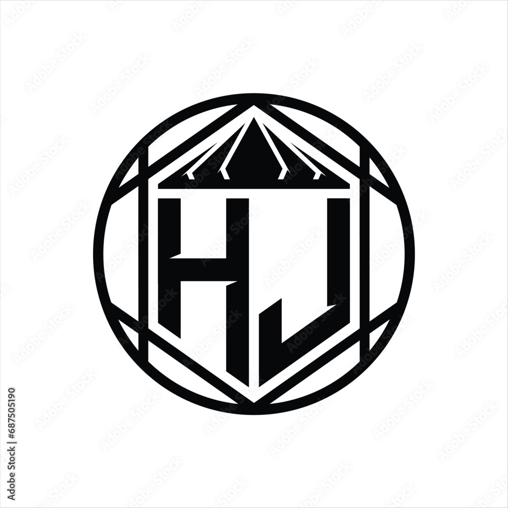 HJ Letter Logo monogram hexagon slice crown sharp shield shape isolated circle abstract style design HJ Letter Logo monogram hexagon slice crown sharp shield shape isolated circle abstract style design