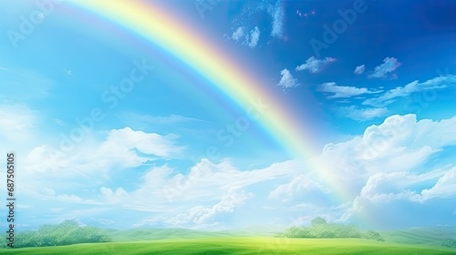 spring green landscape,rainbow on the sky, motion blur