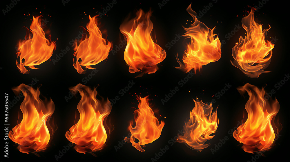 Fiery Collection: Dynamic Motion of Isolated Flames Burning in the Dark - Hot and Intense Fire Set for Energetic Backgrounds and Vibrant Designs. Fiery Collection: Dynamic Motion of Isolated Flames Burning in the Dark - Hot and Intense Fire Set for Energetic Backgrounds and Vibrant Designs.