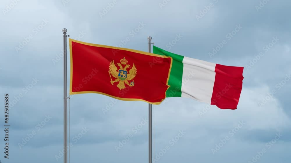 Italy and Montenegro flag waving together on cloudy sky, endless seamless loop, two country cooperation concept Italy and Montenegro flag waving together on cloudy sky, endless seamless loop, two country cooperation concept