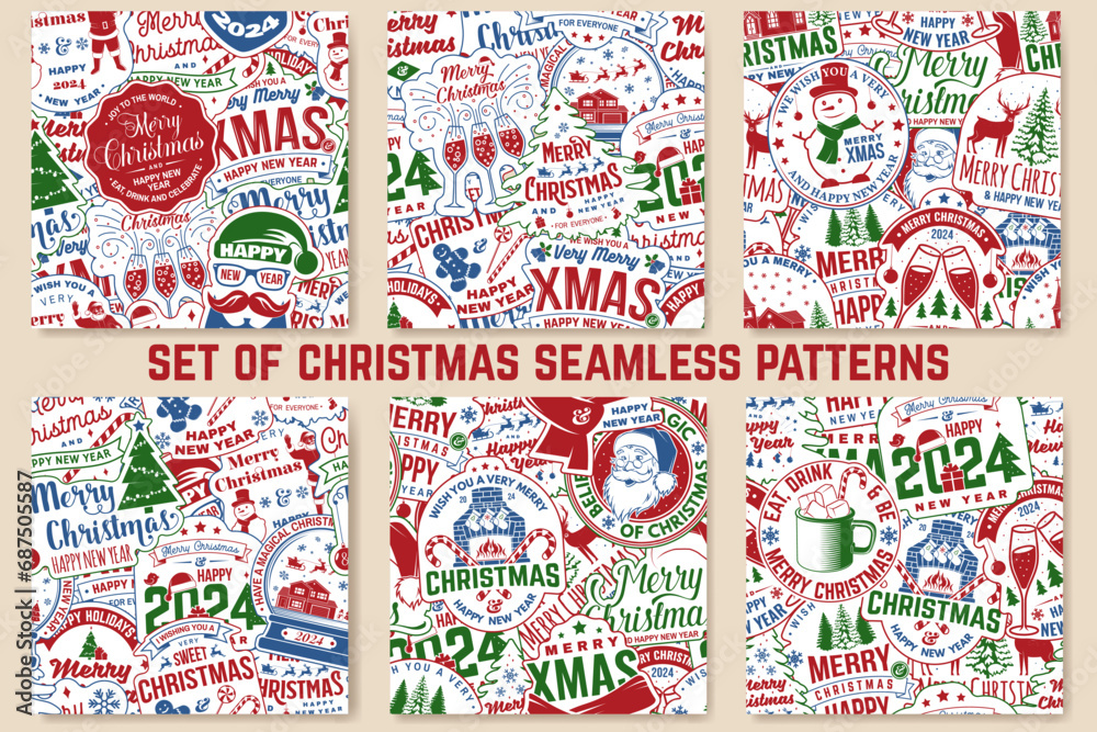 Set of Merry Christmas and Happy New Year 2024 seamless pattern with snowflakes, hanging Christmas ball, Santa Claus, snowman, candy. Vector illustration. Christmas background with new year sticker