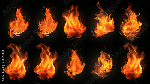 Fiery Collection: Dynamic Motion of Isolated Flames Burning in the Dark - Hot and Intense Fire Set for Energetic Backgrounds and Vibrant Designs.