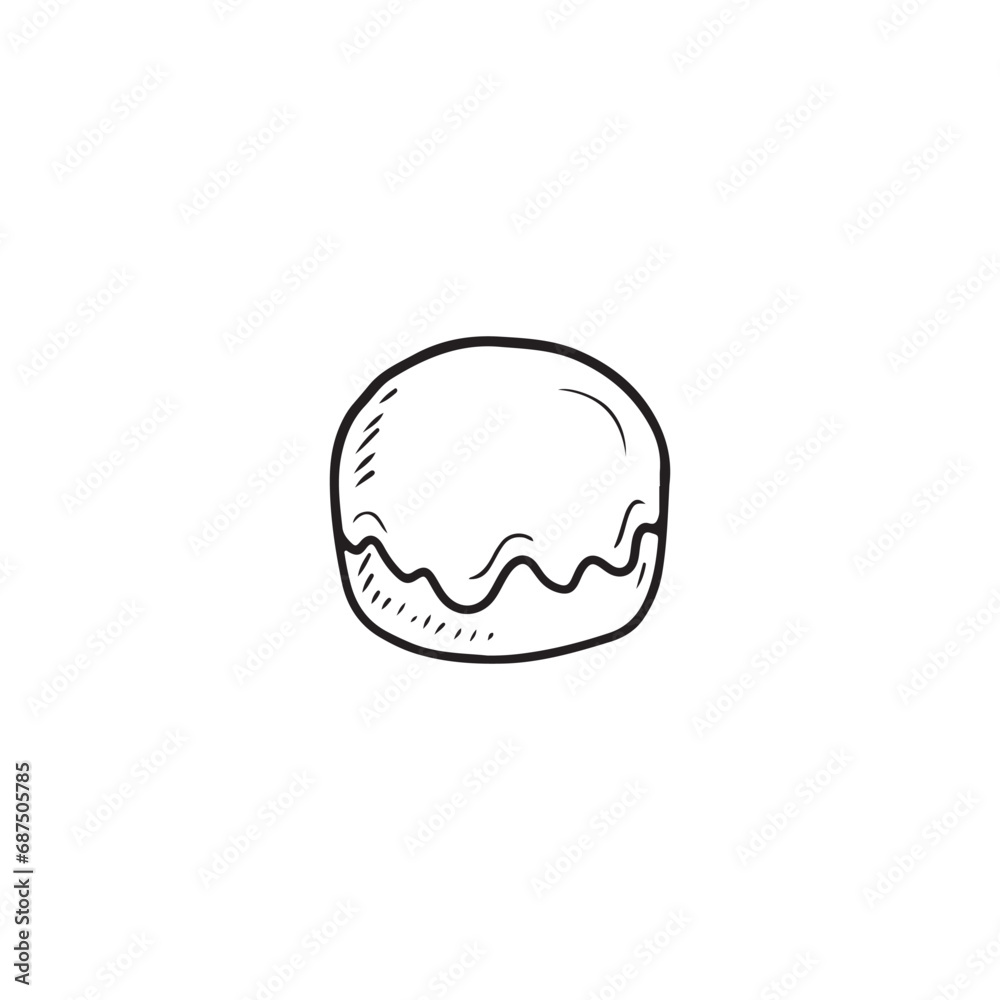 Small tasty baked cake with chocolate glaze round shape isolated on white background. HAnd drawn vector sketch illustration in doodle engraved style. Concept of hand made, cooked sweet cake Small tasty baked cake with chocolate glaze round shape isolated on white background. HAnd drawn vector sketch illustration in doodle engraved style. Concept of hand made, cooked sweet cake