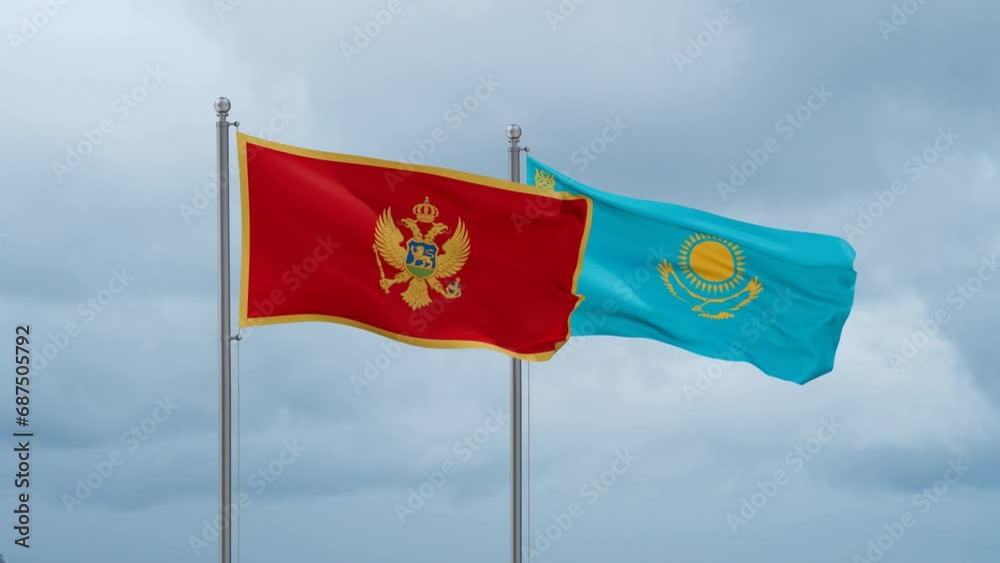 Kazakhstan and Montenegro flag waving together on cloudy sky, endless seamless loop, two country cooperation concept Kazakhstan and Montenegro flag waving together on cloudy sky, endless seamless loop, two country cooperation concept