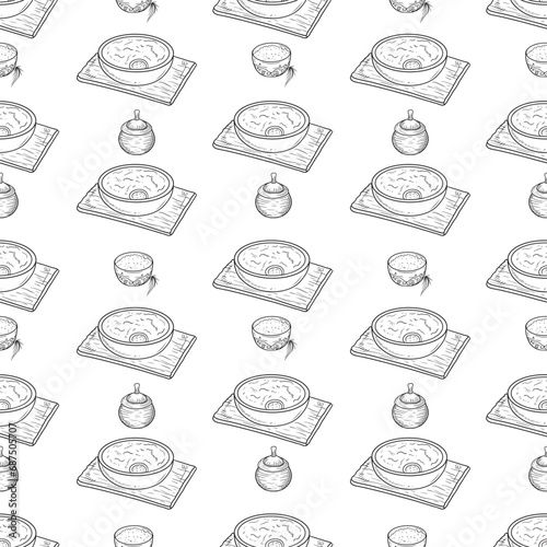 Seamless pattern for packaging of food delivery in black isolated on white background. Hand drawn vector sketch illustrations with pot, bowl with soup and bowl on wooden deck. National ukrainian food