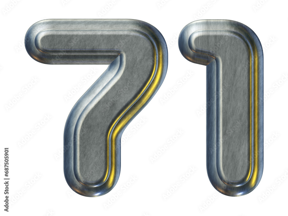 Number 71 with silver metallic style isolated on transparent background for education concept Number 71 with silver metallic style isolated on transparent background for education concept