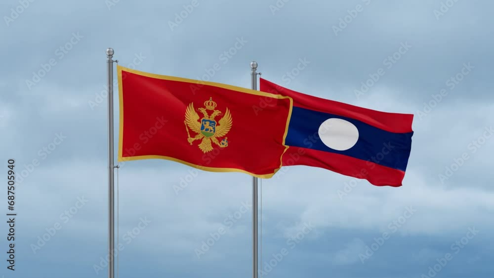 Laos flag and Montenegro flag waving together on cloudy sky, endless seamless loop, two country relations concept Laos flag and Montenegro flag waving together on cloudy sky, endless seamless loop, two country relations concept