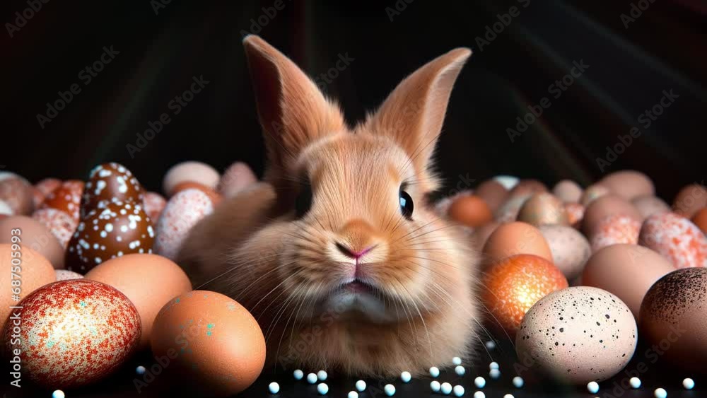 Easter bunny in colored eggs with rays of sun.