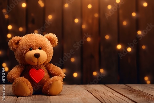 A teddy bear with a heart on a wooden table, a cute romantic gift, a teddy bear with a heart for Valentine's Day. © Vadim
