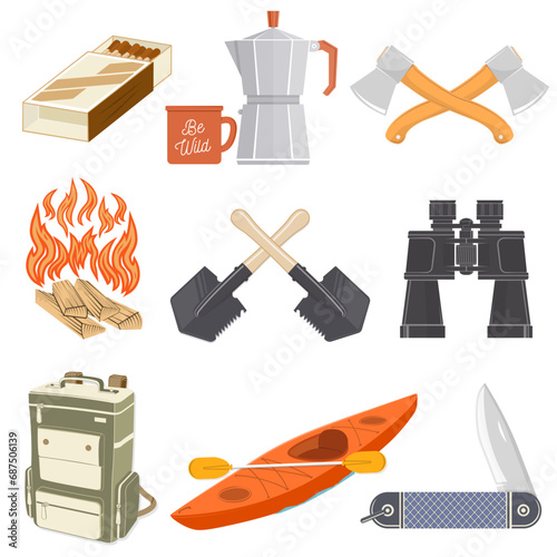 Set of camping equipment collection. Vector illustration. Set include: backpack, kayak, canoe, axe, camping knife, match box, campfire, hiking shovel and binocular