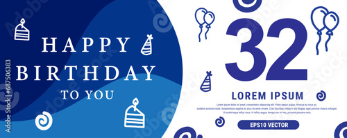 32 year celebration Creative Happy Birthday Text. Blue color decorative banner design, Vector illustration.