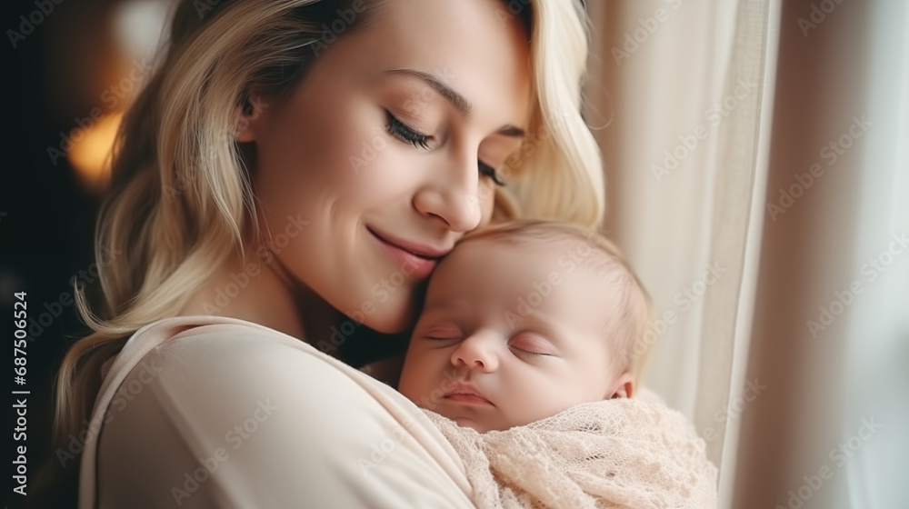 Bright portrait of happy mum holding sleeping infant child on hands, Loving mom carying of her newborn baby at home, generative ai Bright portrait of happy mum holding sleeping infant child on hands, Loving mom carying of her newborn baby at home, generative ai