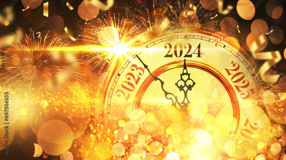 Vintage gold clock New Year 2024 with confetti, golden bokeh lights and fireworks. New Year 2024 card, creative idea. Old Luxury - obrazy, fototapety, plakaty 