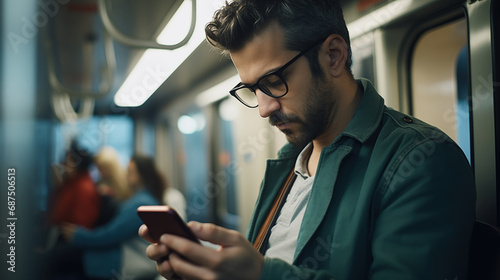 Young man passenger using smart mobile phone in subway train station, generative ai