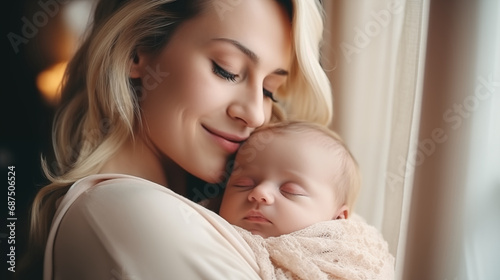 Bright portrait of happy mum holding sleeping infant child on hands, Loving mom carying of her newborn baby at home, generative ai