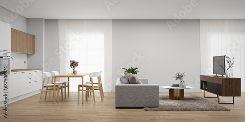 Living room with dining room and kitchen. 3d rendering of interior background.