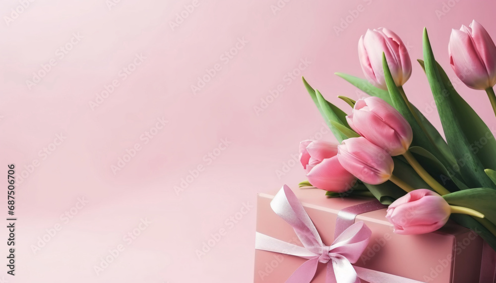 Holiday gift box and pink tulips, thanksgiving valentines day concept background