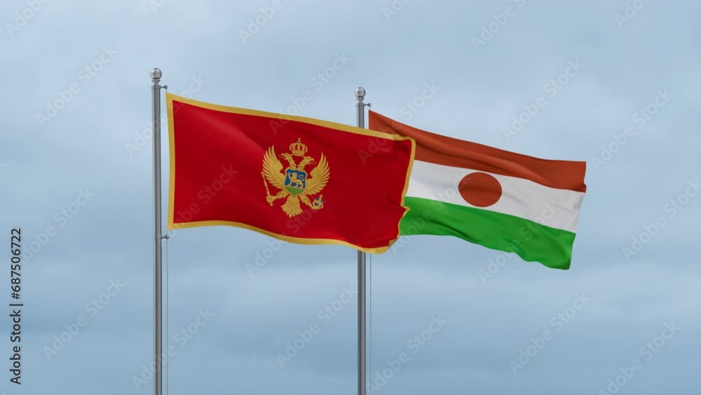 Niger flag and Montenegro flag waving together on cloudy sky, endless seamless loop, two country relations concept Niger flag and Montenegro flag waving together on cloudy sky, endless seamless loop, two country relations concept