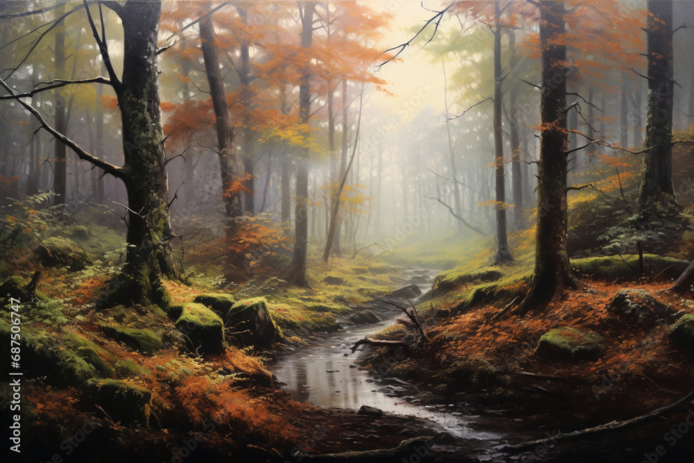 Fototapeta premium mystical misty forest, oil painting
