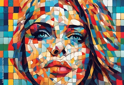 An abstract composition with a lady enveloped in a mosaic of vibrant colors, infusing a surreal touch into the image in the style of pop art