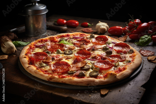 pizza with salami and tomato