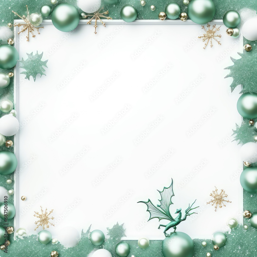Christmas card with snowflakes, Christmas balls and green dragon - symbol of 2024 Chinese New Year Christmas card with snowflakes, Christmas balls and green dragon - symbol of 2024 Chinese New Year