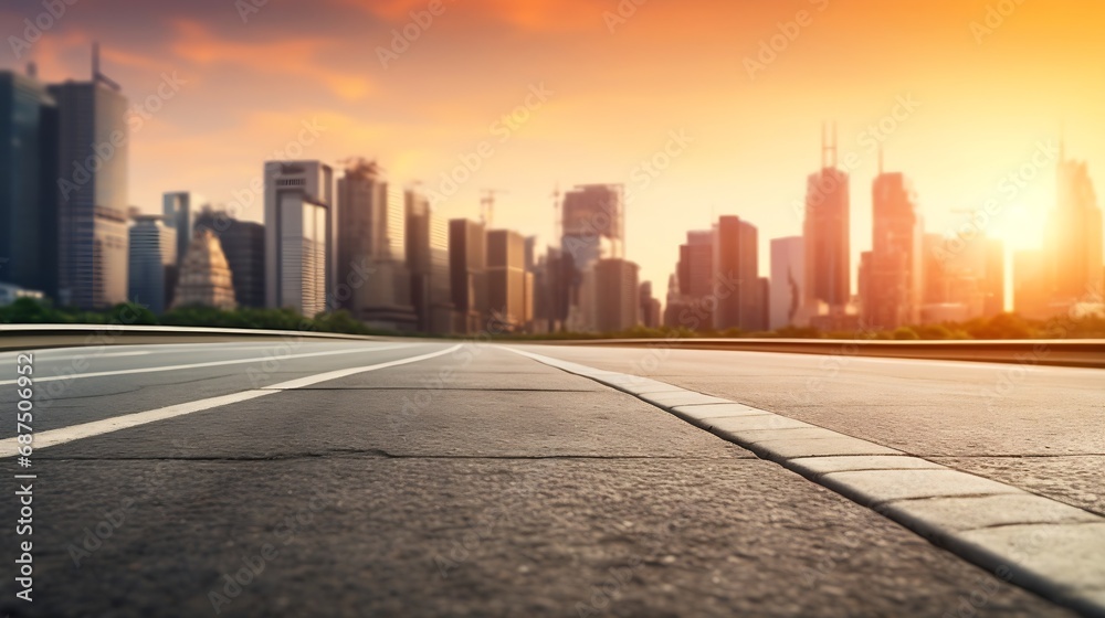 Asphalt road and modern city skyline with buildings scenery at sunset : Generative AI Asphalt road and modern city skyline with buildings scenery at sunset : Generative AI