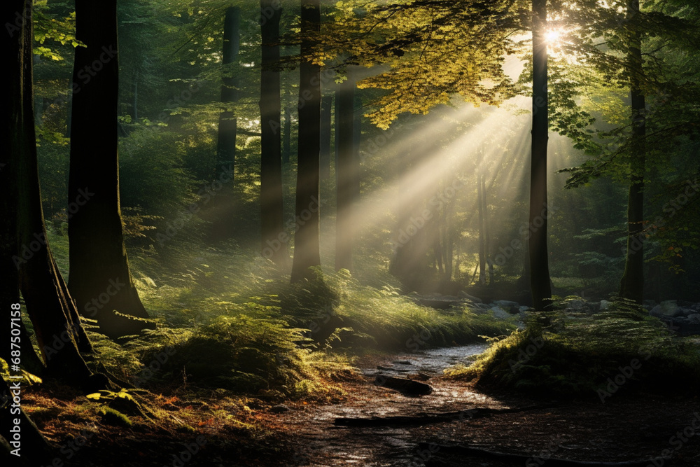 the enchanting beauty of a dense forest with sunlight filtering through the leaves
