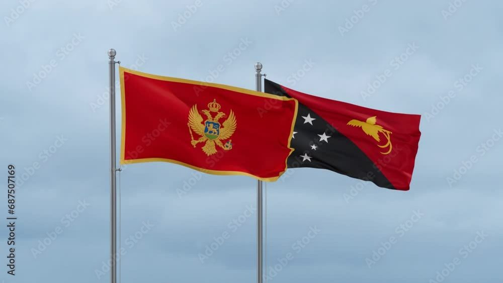 Papua New Guinea flag and Montenegro flag waving together on cloudy sky, endless seamless loop, two country relations concept Papua New Guinea flag and Montenegro flag waving together on cloudy sky, endless seamless loop, two country relations concept