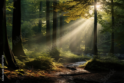 the enchanting beauty of a dense forest with sunlight filtering through the leaves © ItziesDesign