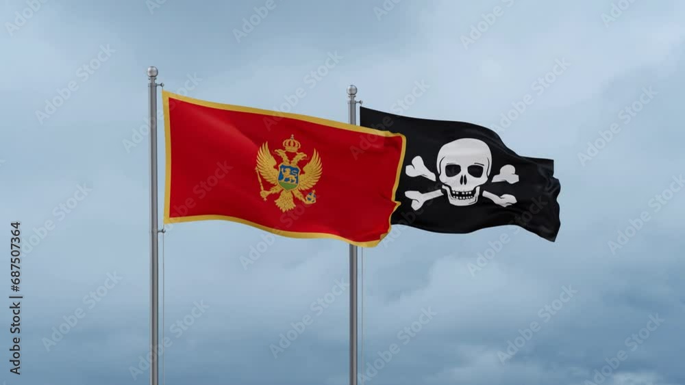 Montenegro flag and Jolly Roger or pirate flag waving together on cloudy sky, endless seamless loop Montenegro flag and Jolly Roger or pirate flag waving together on cloudy sky, endless seamless loop