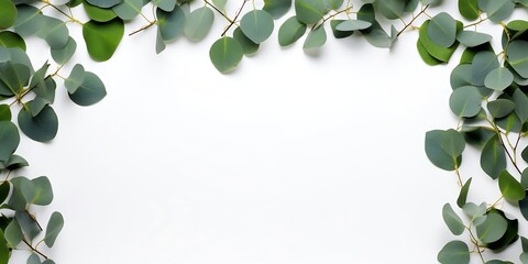Frame made of eucalyptus branches on white background. Flat lay, top view, mock up. : Generative AI