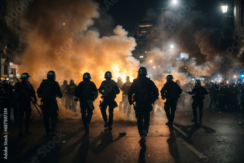 Police officers work during riots in a night street in fire and smoke