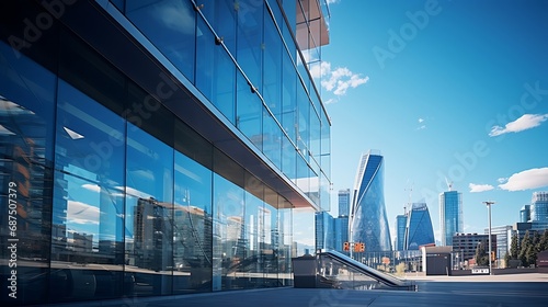 From below of entrance of office building next to contemporary high rise structures with glass mirrored walls and illuminated lights in calgary city against cloudless blue sky : Generative AI photo