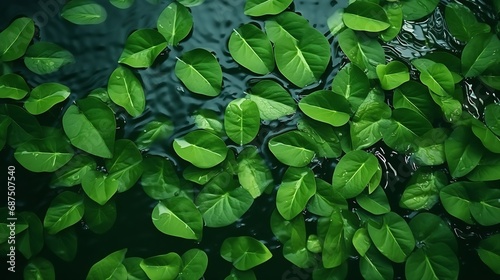 Green leaves on water surface. Beautiful water ripple background for product presentation. Copy space : Generative AI