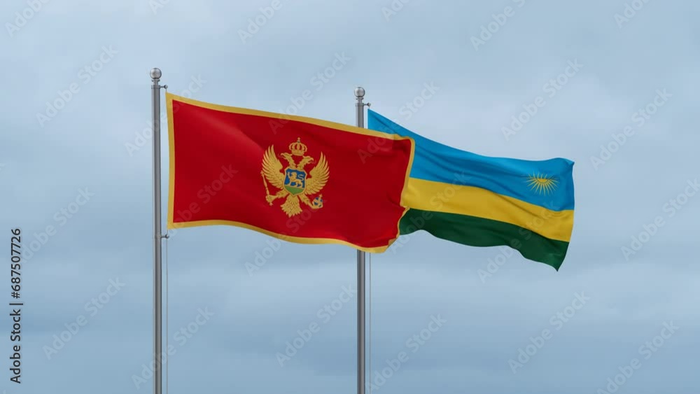 Republic of Rwanda and Montenegro flag waving together on cloudy sky, endless seamless loop, two country cooperation concept Republic of Rwanda and Montenegro flag waving together on cloudy sky, endless seamless loop, two country cooperation concept