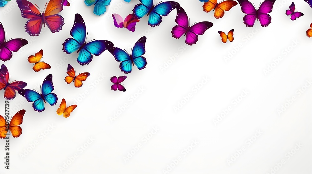 Photo of decorative butterflies pattern isolated on white background with copy space. Fresh spring summer beautiful season flat lay and top view, freedom vivid happiness concept banner : Generative AI