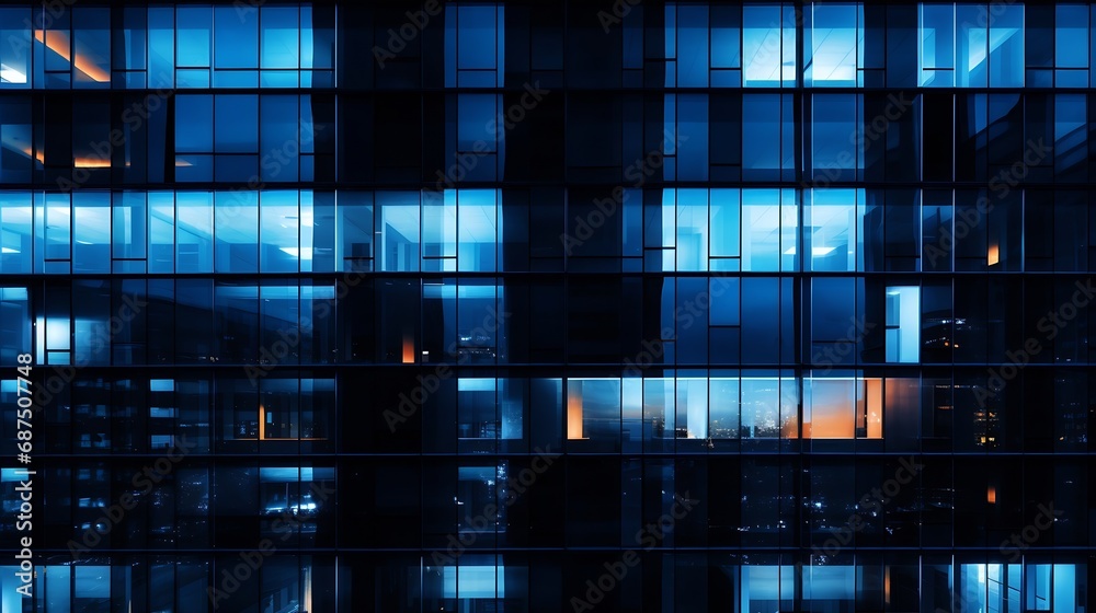 Pattern of office buildings windows illuminated at night. Glass architecture ,corporate building at night - business concept. Blue graphic filter. : Generative AI Pattern of office buildings windows illuminated at night. Glass architecture ,corporate building at night - business concept. Blue graphic filter. : Generative AI
