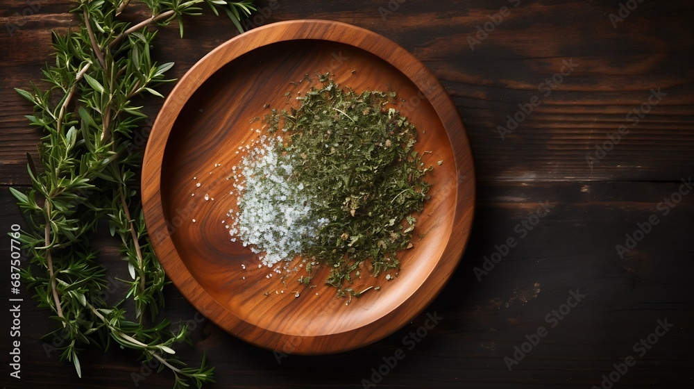 Round wooden plate with herbs and salt on dark wooden background top view : Generative AI
