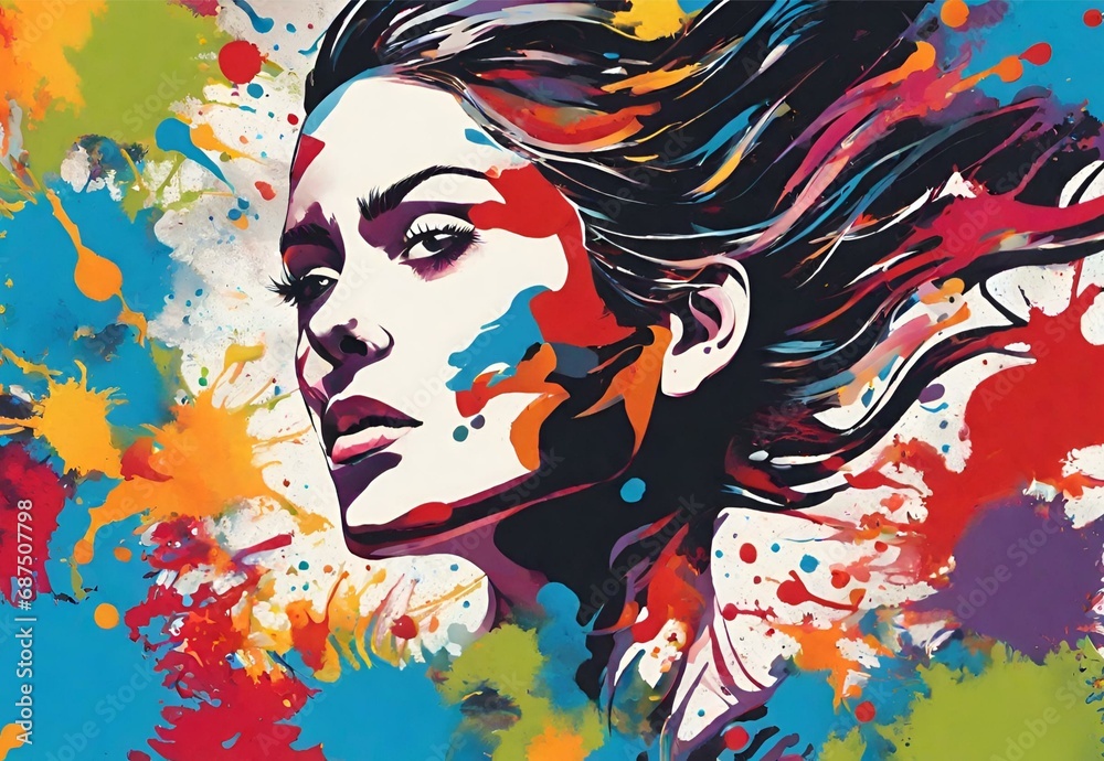 Naklejka premium An abstract scene with a woman immersed in a whirlwind of paint splatters, capturing the essence of pop art in a surreal and dynamic composition
