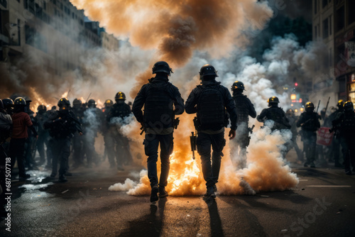 Police use smoke bombs during riots and protests on the streets of the city. Emergency, fire, explosion, catastrophe, apocalypse, war concepts © liliyabatyrova