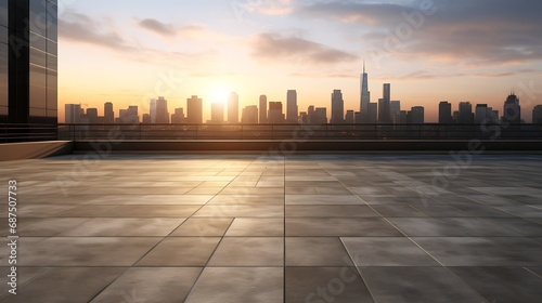 Perspective view of empty concrete floor and modern rooftop building with sunset cityscape scene. Mixed media   Generative AI